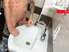 big dick jerking off, pissing and cumming in a condom