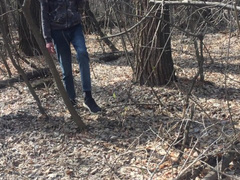 In the forest, she sucks the owner's big cock