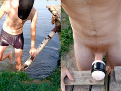 Парень трусах искупался со стояком в озере и дважды слил сперму