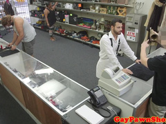 Straight guy sucks pawnbroker behind counter