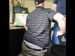 Daddy trucker dumps a quick load in Chubby Boy's mouth...